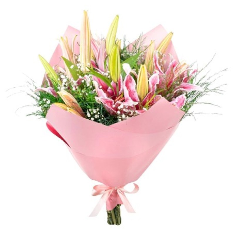 Pembe Gül ve Mor Statice Buketi